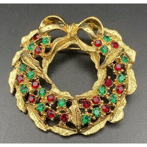VTG Signed Eisenberg Ice Rhinestone Brooch Christmas Wreath Gold Tone Red Green